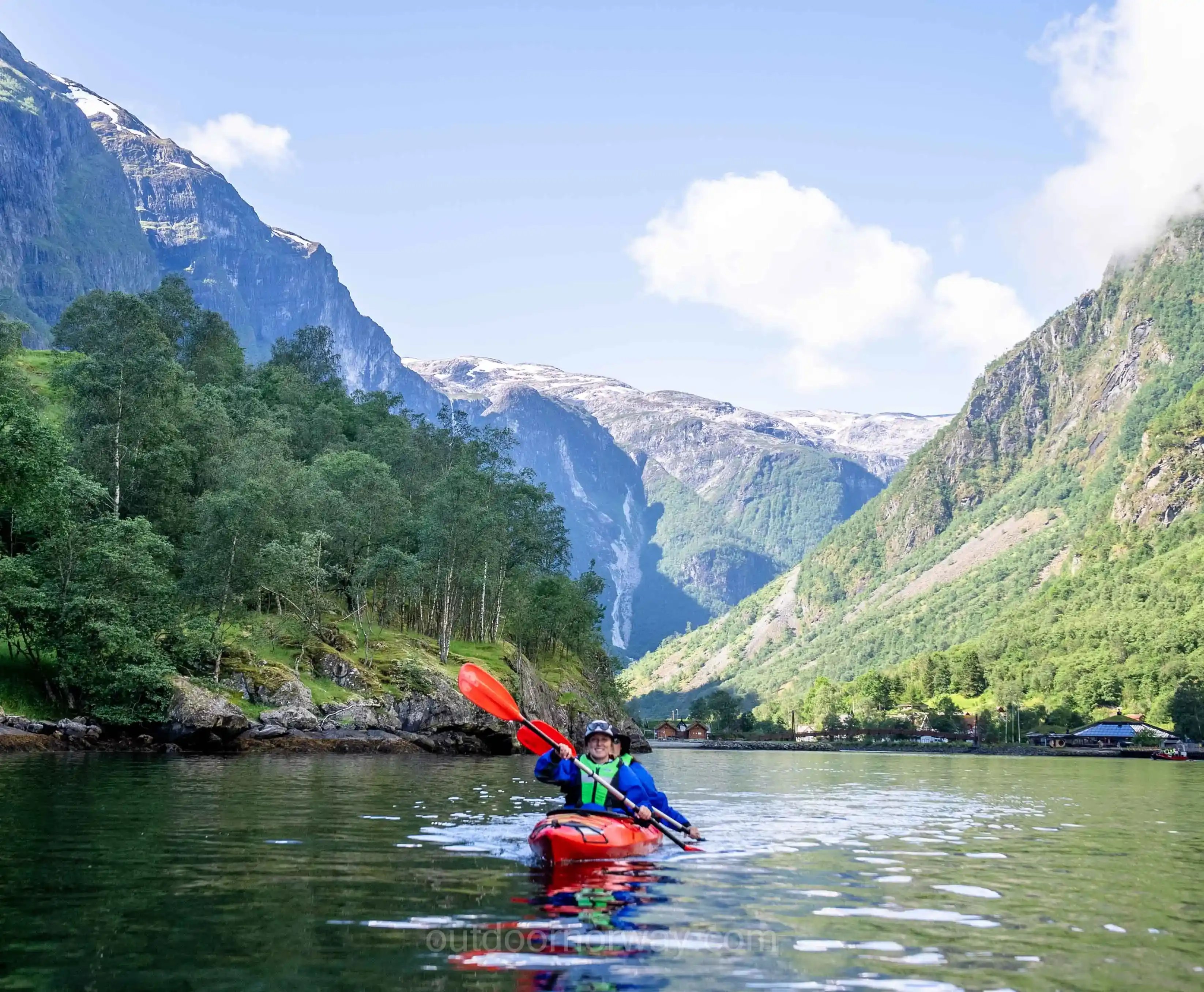 A fjord kayaker in the Naeroyfjord area right where Voss, Norway is