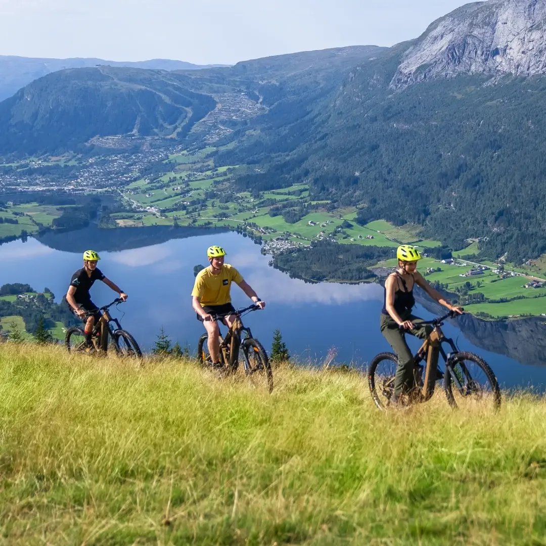 Riders on a 7-day mountian bike tour of the fjords near Voss, Norway