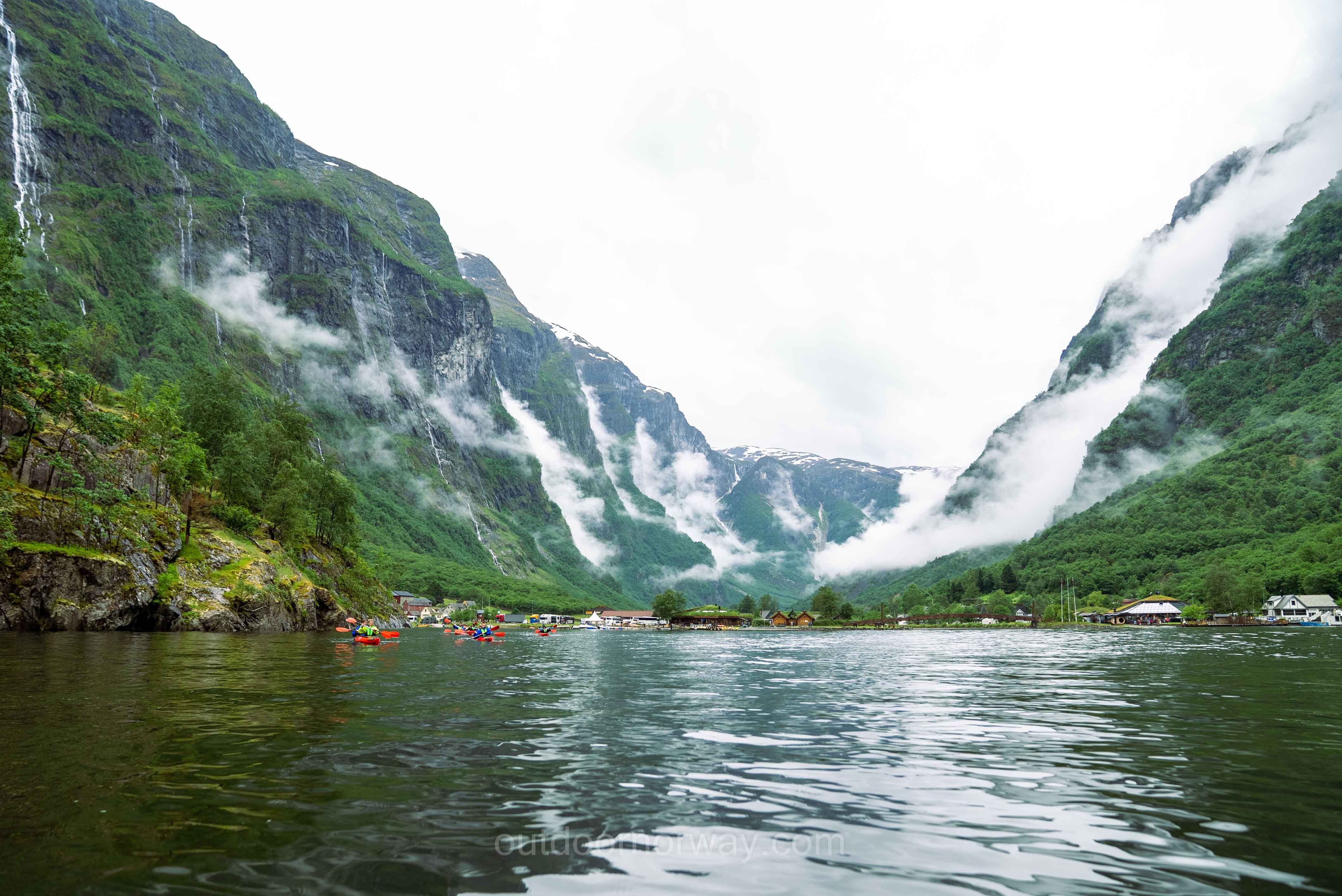 Group of kayakers in Naeroyfjord on a day tour from Bergen, Norway