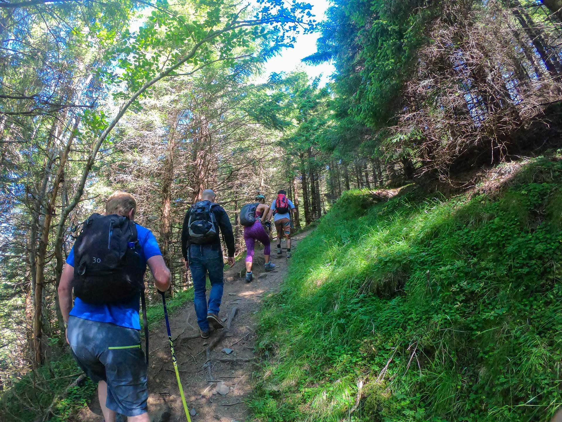 Hiking in Voss, Norway - an image of hikers from behind on a warm spring day on an uphill trail