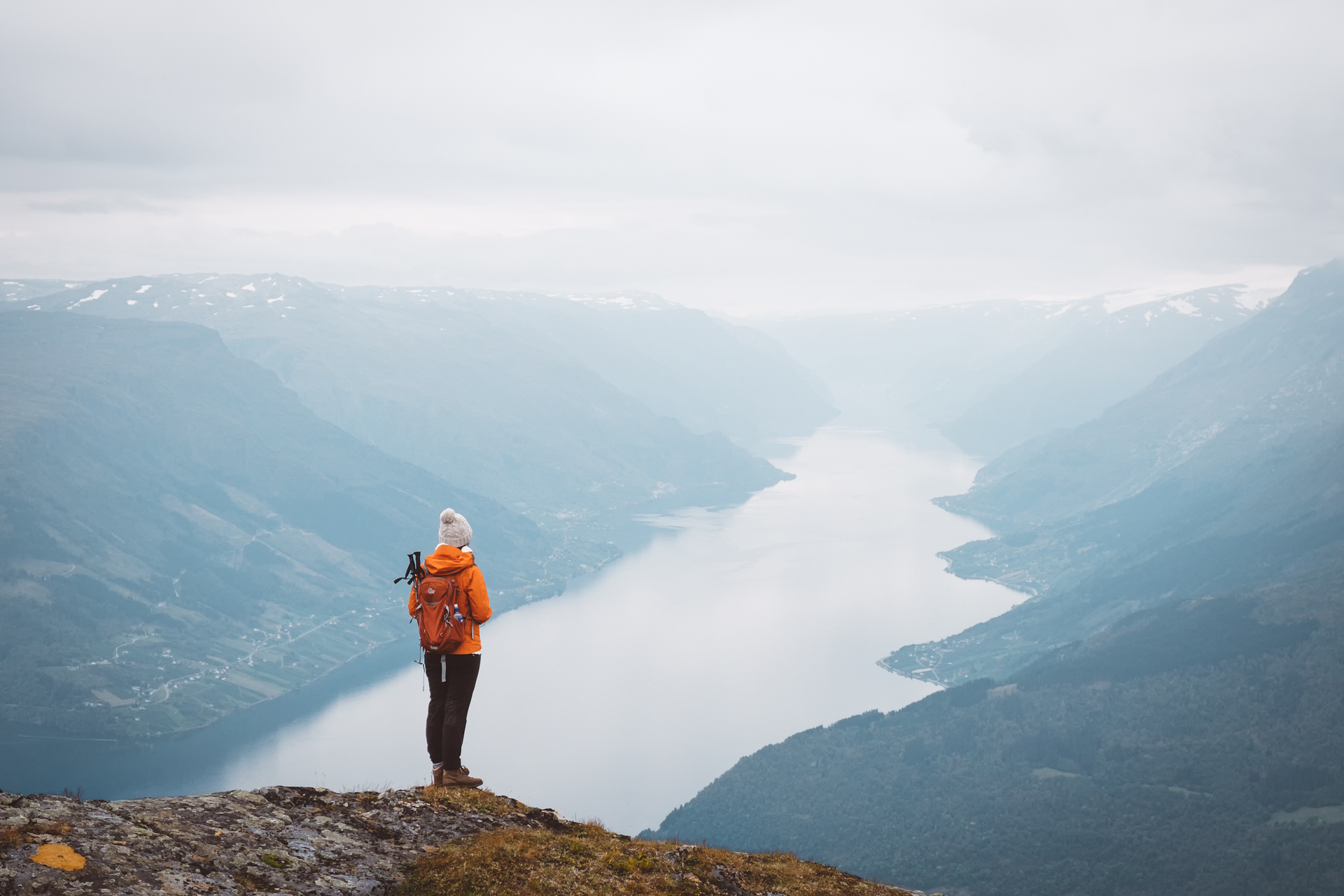Woman overlooking Hardangerfjord in Norway near Voss