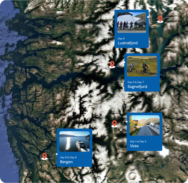 Map showing a detailed day by day breakdown of a 9 day guided e mountain bike tour in norway