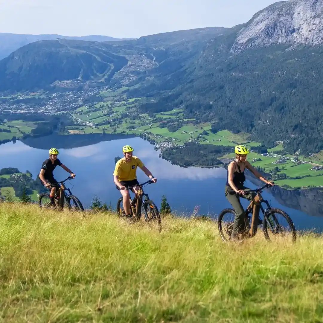 Riders on a 7-day mountian bike tour of the fjords near Voss, Norway