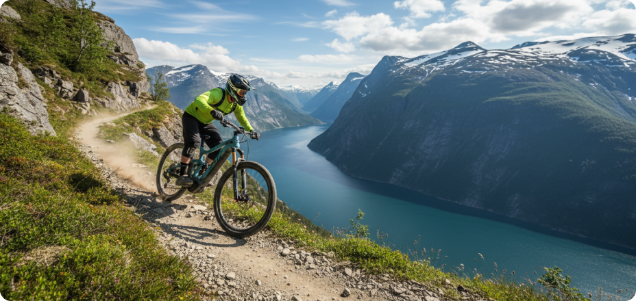 Mountain biker above the fjords of Voss riding singletrack