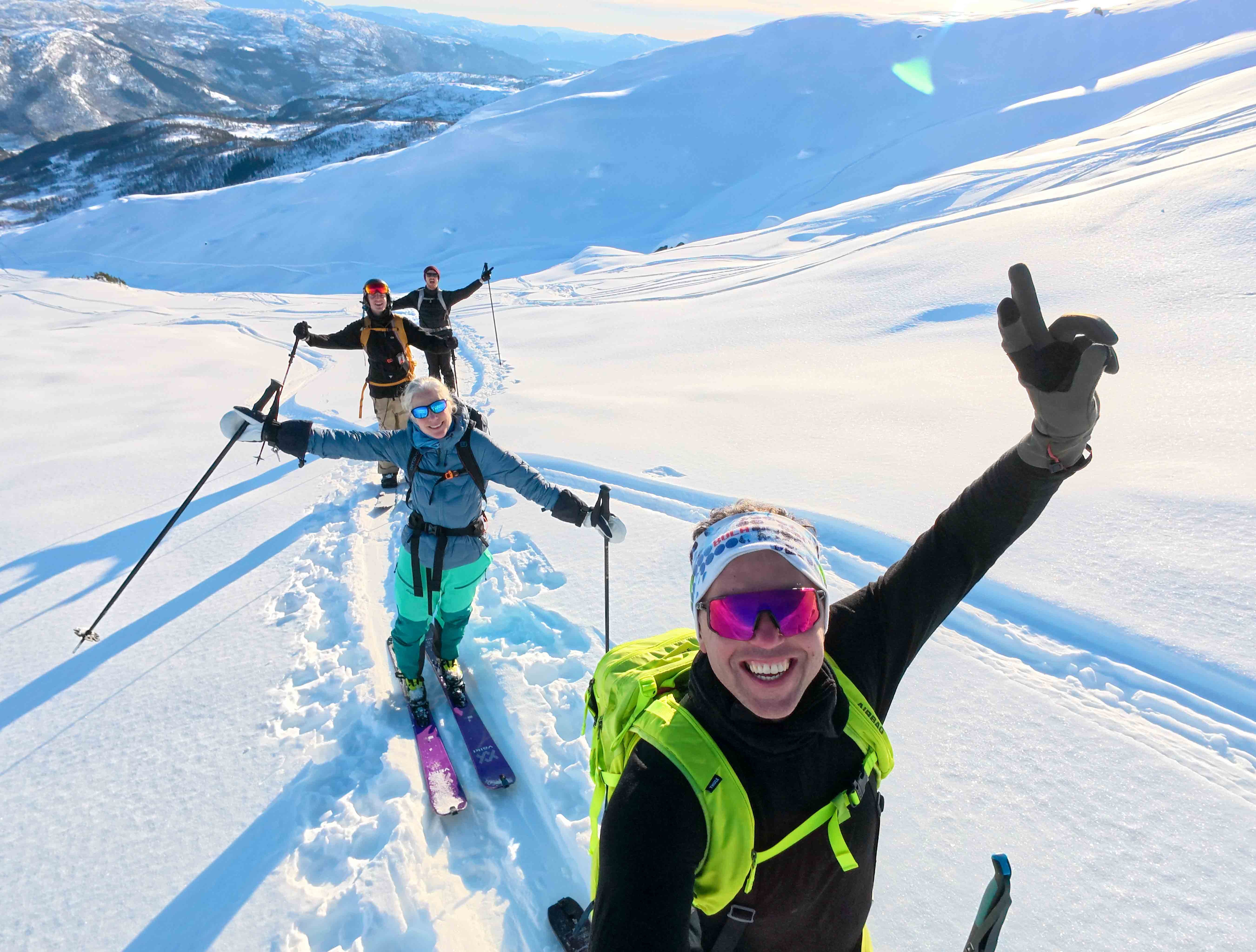 Skiers taking a selfie on a slope in Voss Ski Resort in Norway