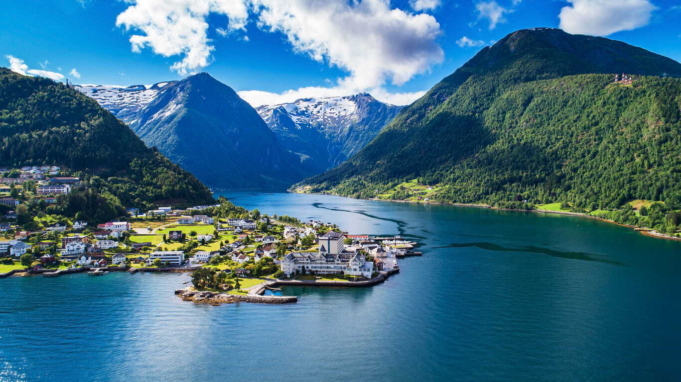 An overview of Balestrand, a fjord village in Western Norway on the Sognefjord