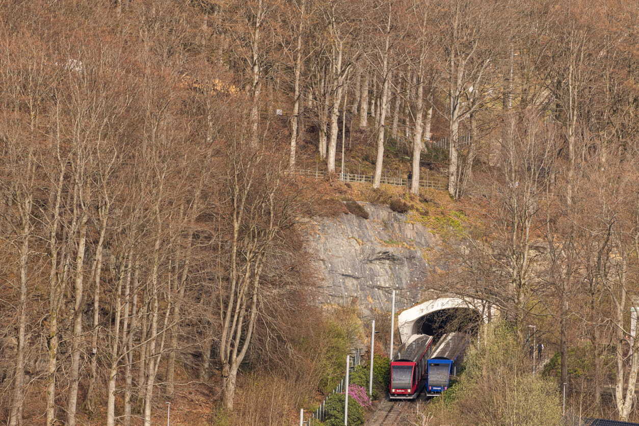 A funicular riding through the forests near Bergen