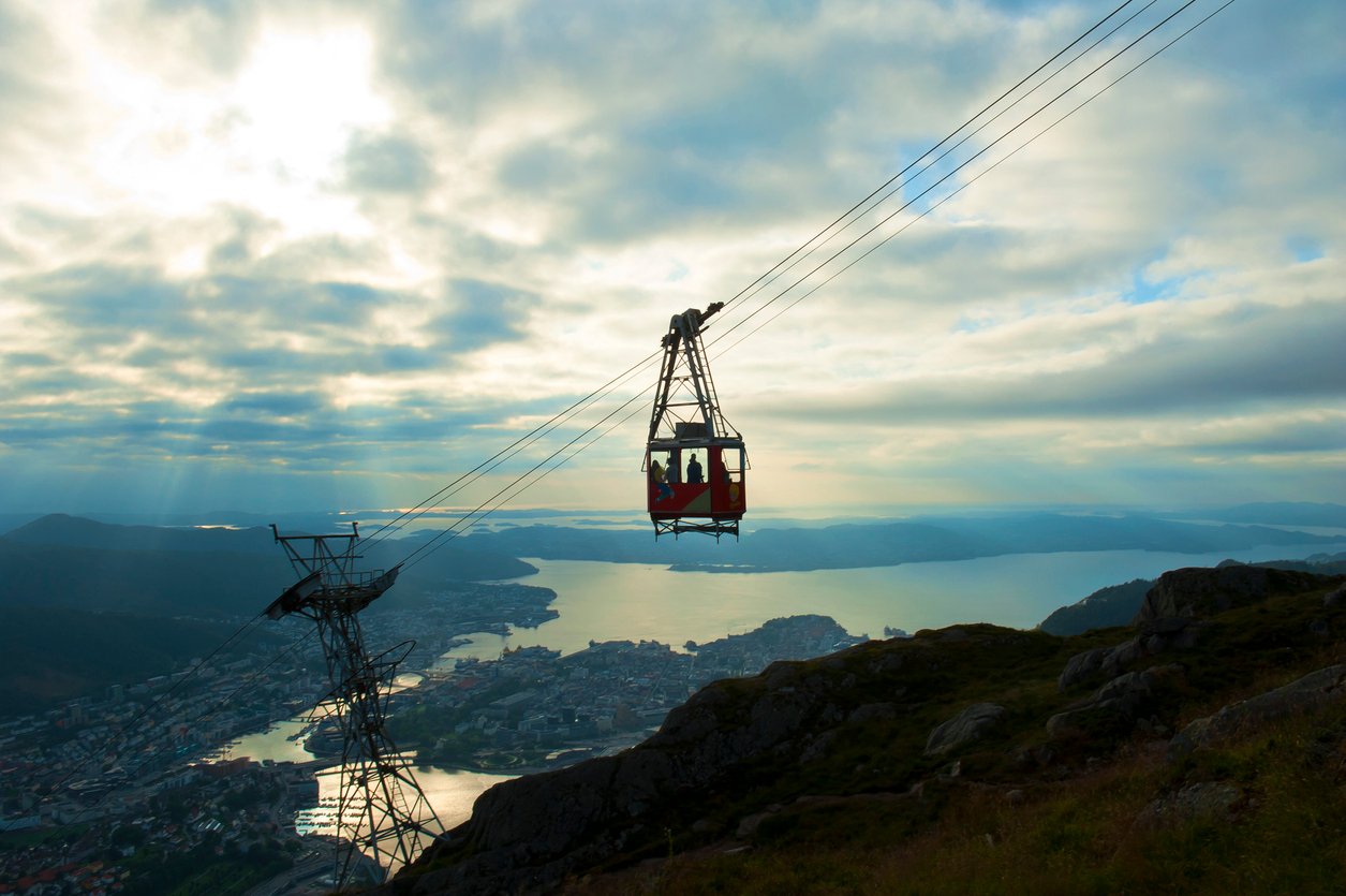 Ulriken cable car on a cloudy day in Bergen, Norway