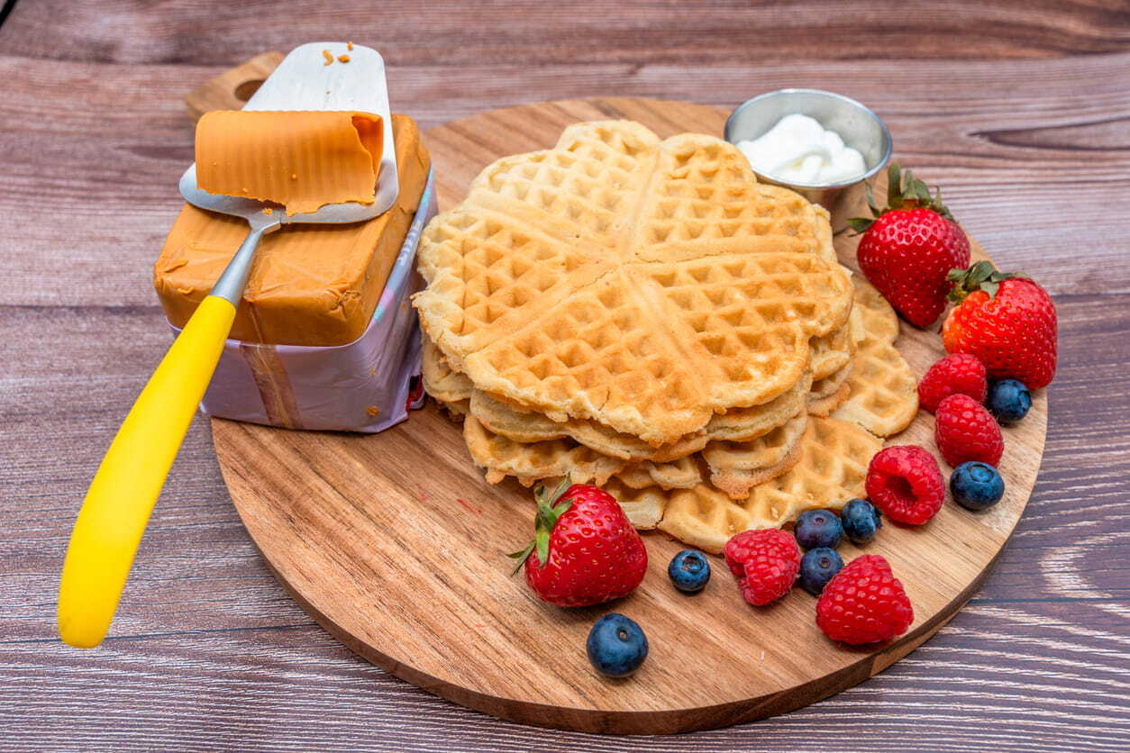 The famous Norwegian Brunost brown cheese and some authentic waffles