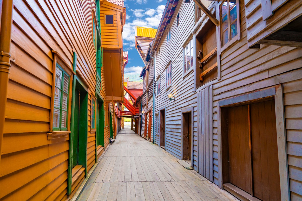 The bryggen wood houses in Bergen, Norway, shown from a first person view