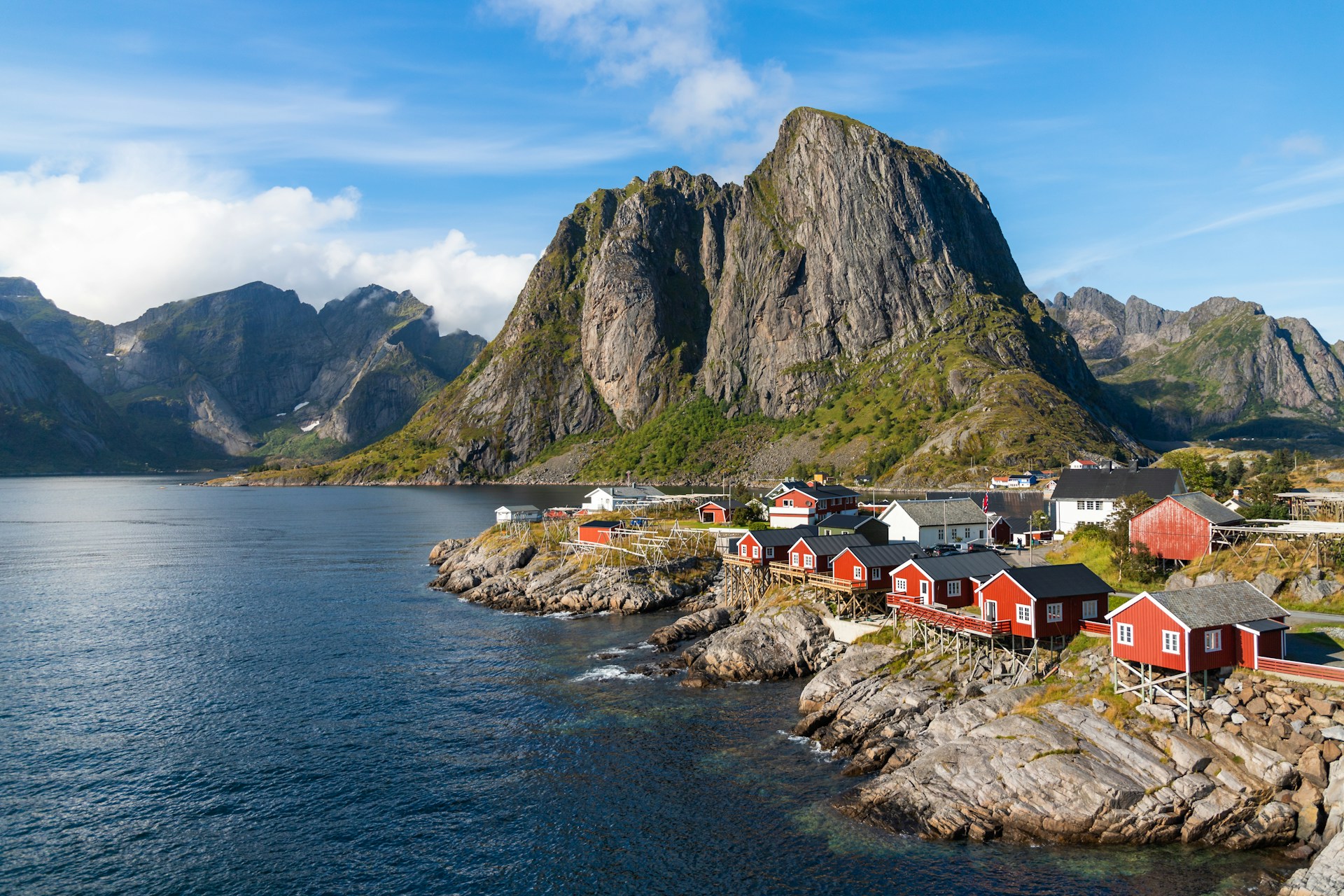 A coastal town in Norway on the fjords, traditional red houses