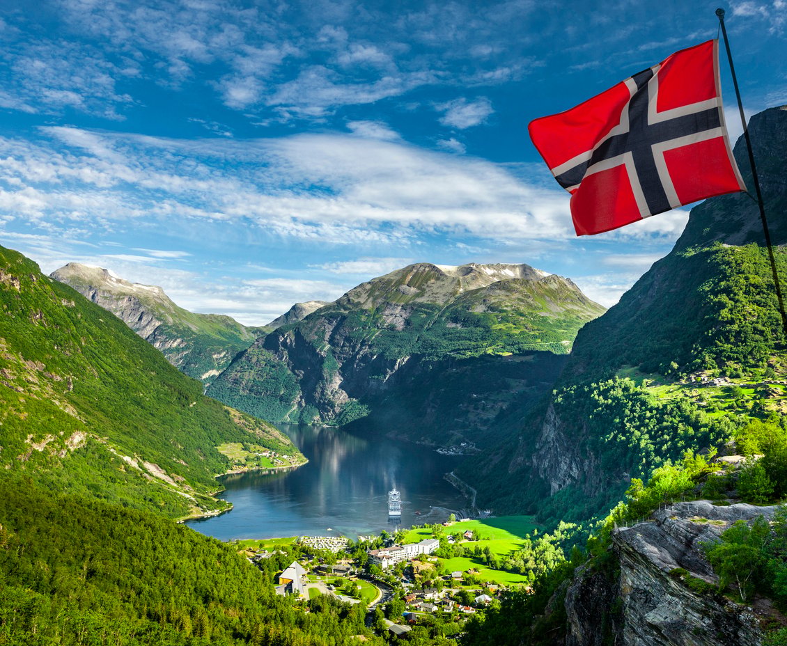 The flag of Norway and an overview of the Flåm area
