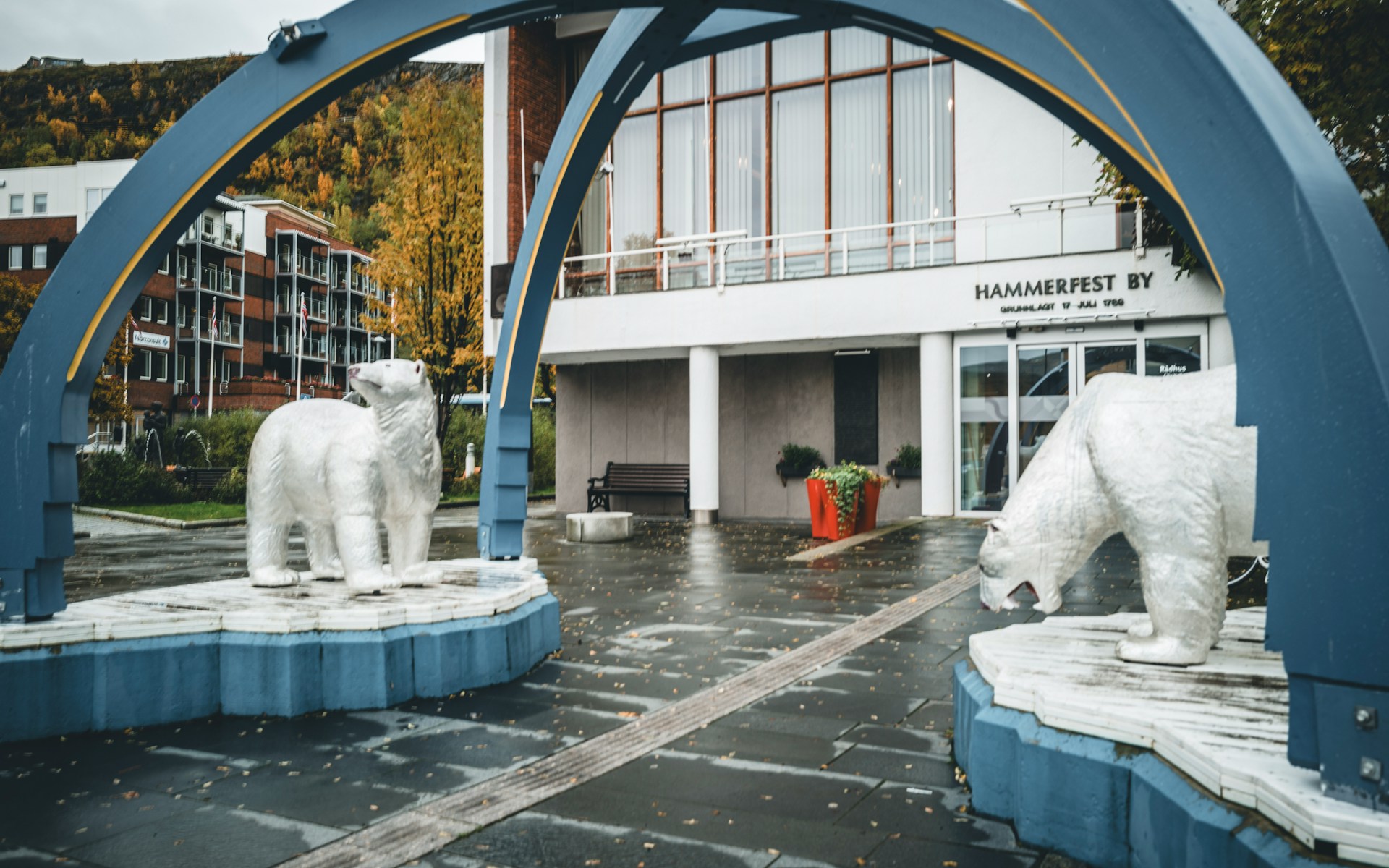 Polar bear statues in front of the Hammerfest town hall in Northern Norway