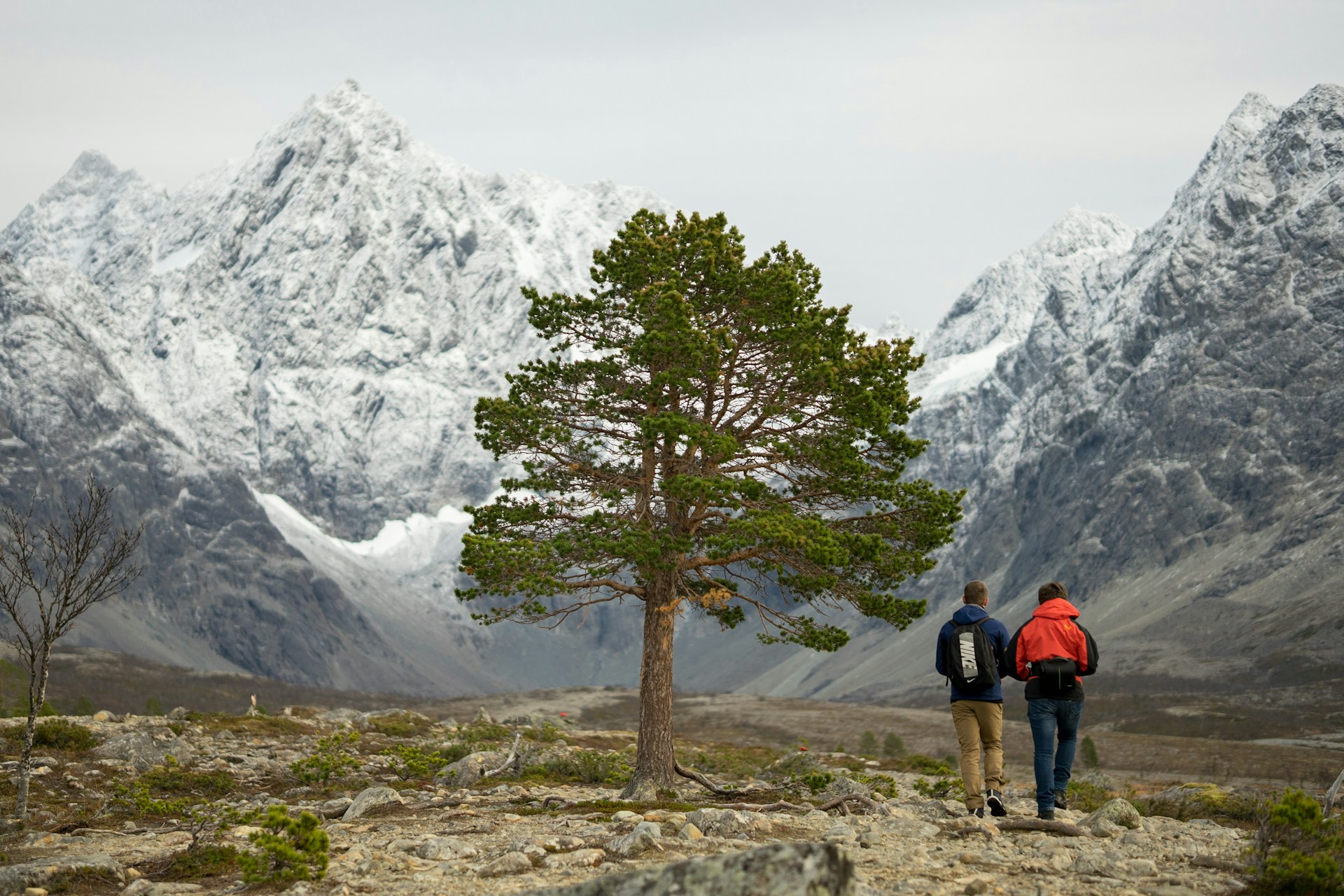 Hikers walking with views of the Lyngen Alps in Northern Norway