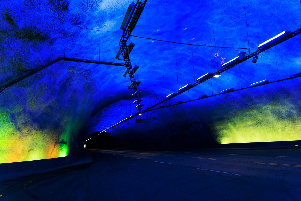 Lights in the Laerdal tunnel in Norway, the longest tunnel in the world.