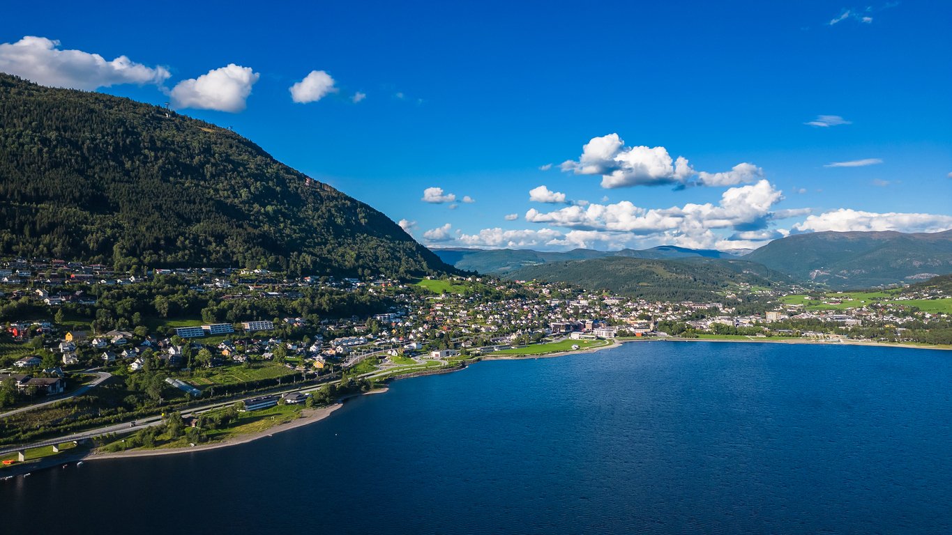 An overhead view of Lake Vangsvatnet near Voss, Norway