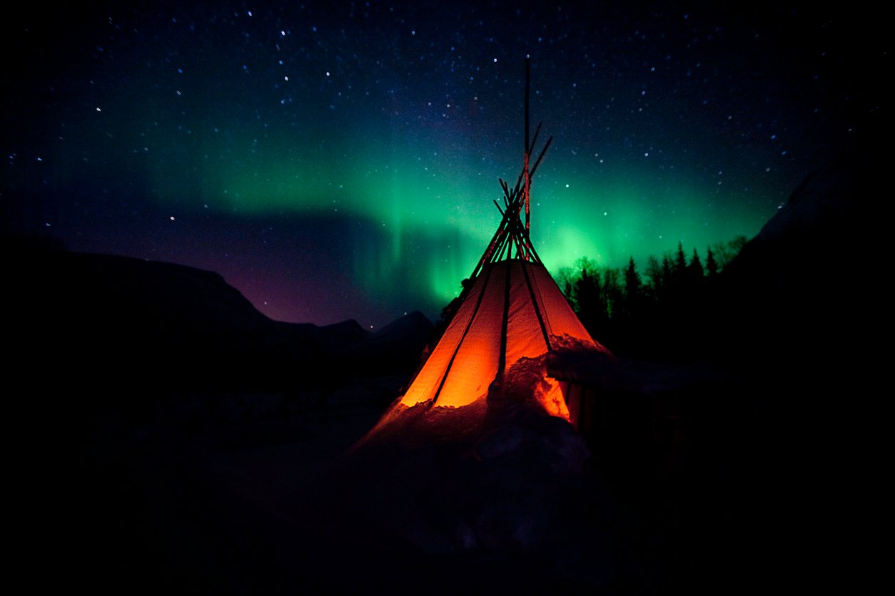Northern Lights as seen from a tent in the night in Southern Norway