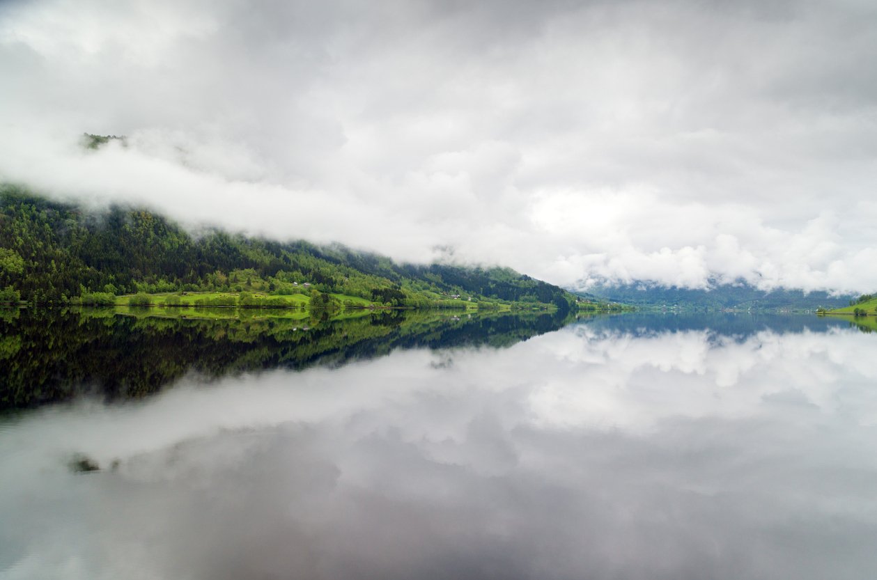 oppheimsvatnet lake in Voss, Norway, on a rainy day