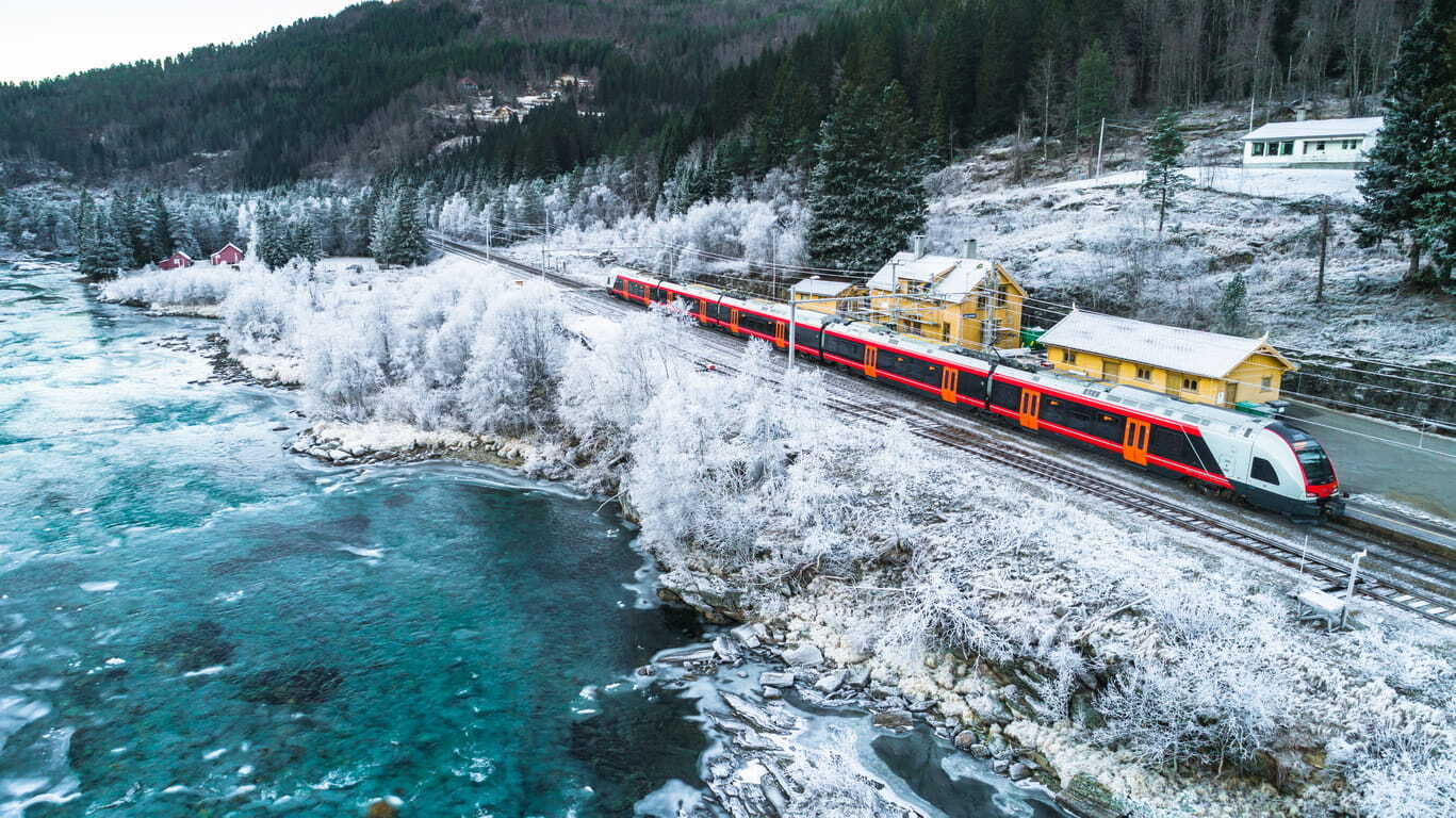 The Oslo to Bergen railway train in the winter