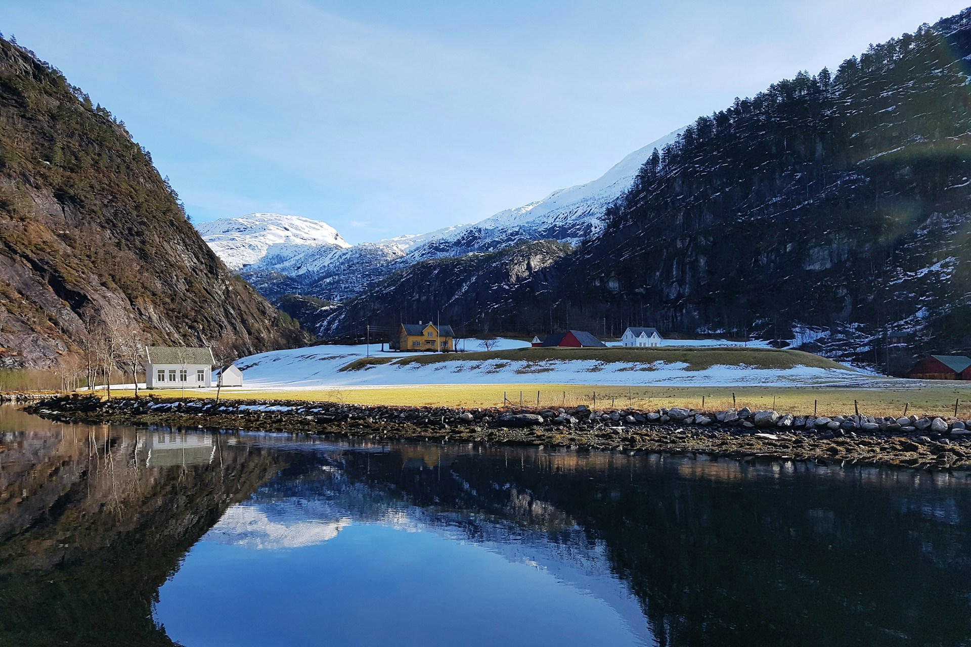 A winter view of Osterfjord, a fjord near Bergen, Norway
