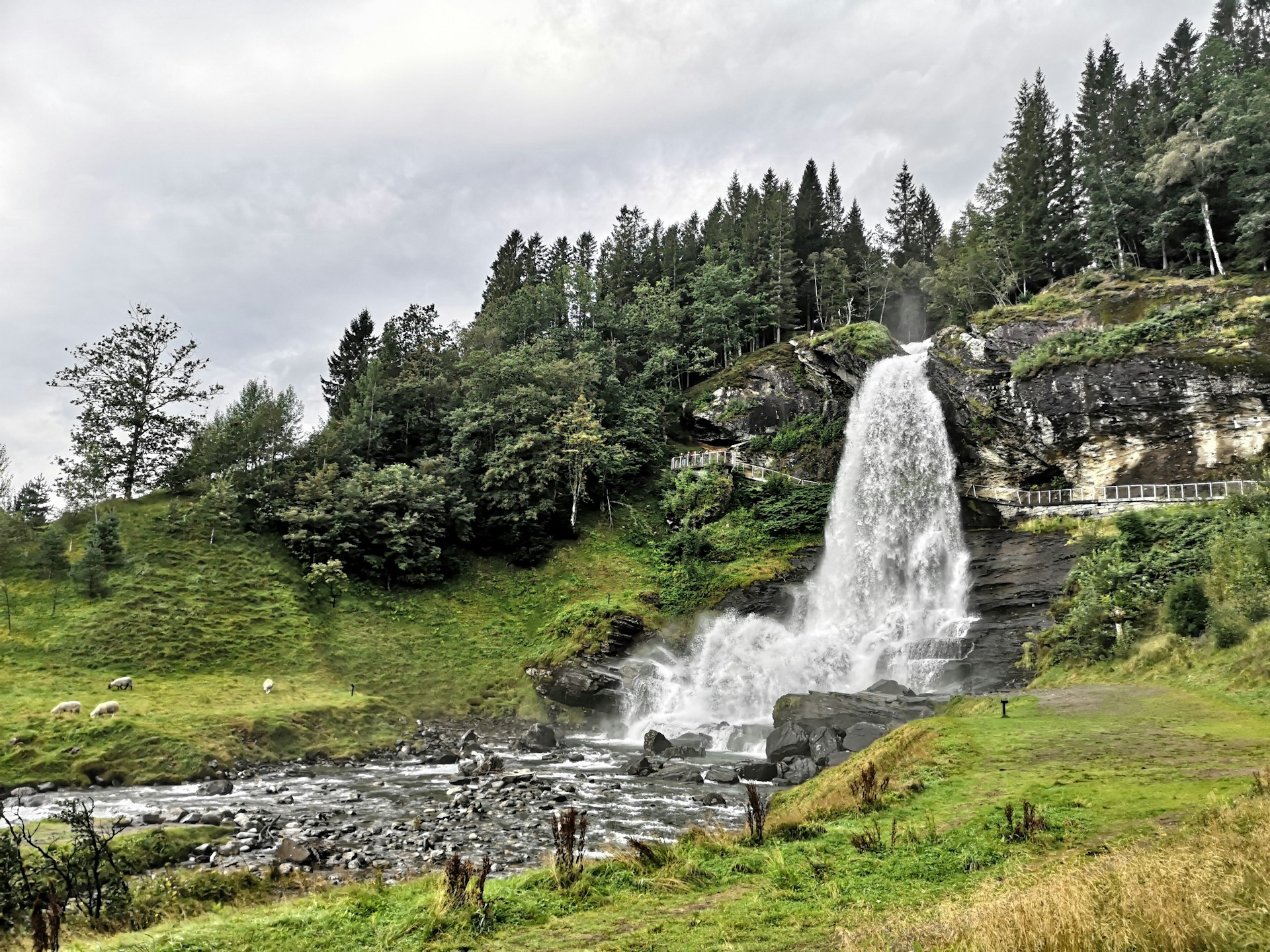 steindalsfossen waterfall on a cloudy day in Hardanger, Norway