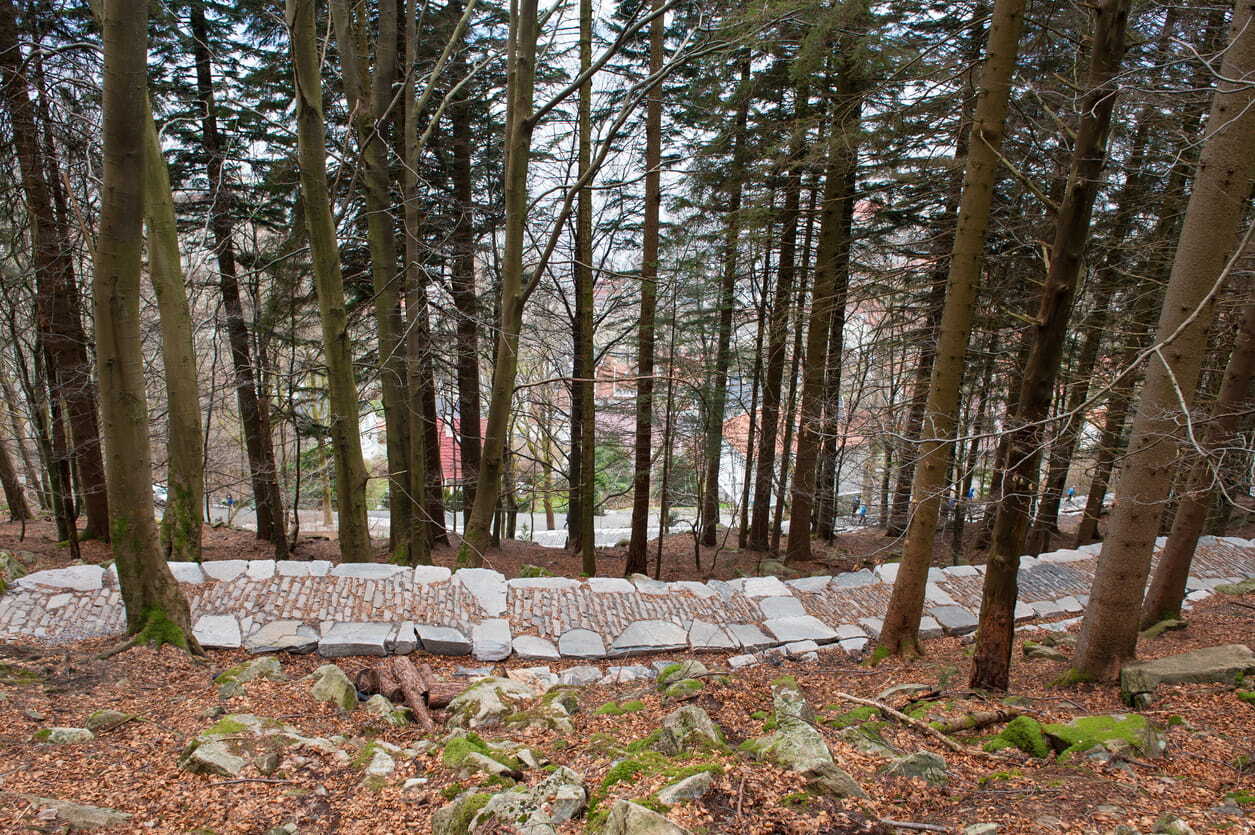 A view of the Stoltzkleiven hiking trail without hikers in Bergen
