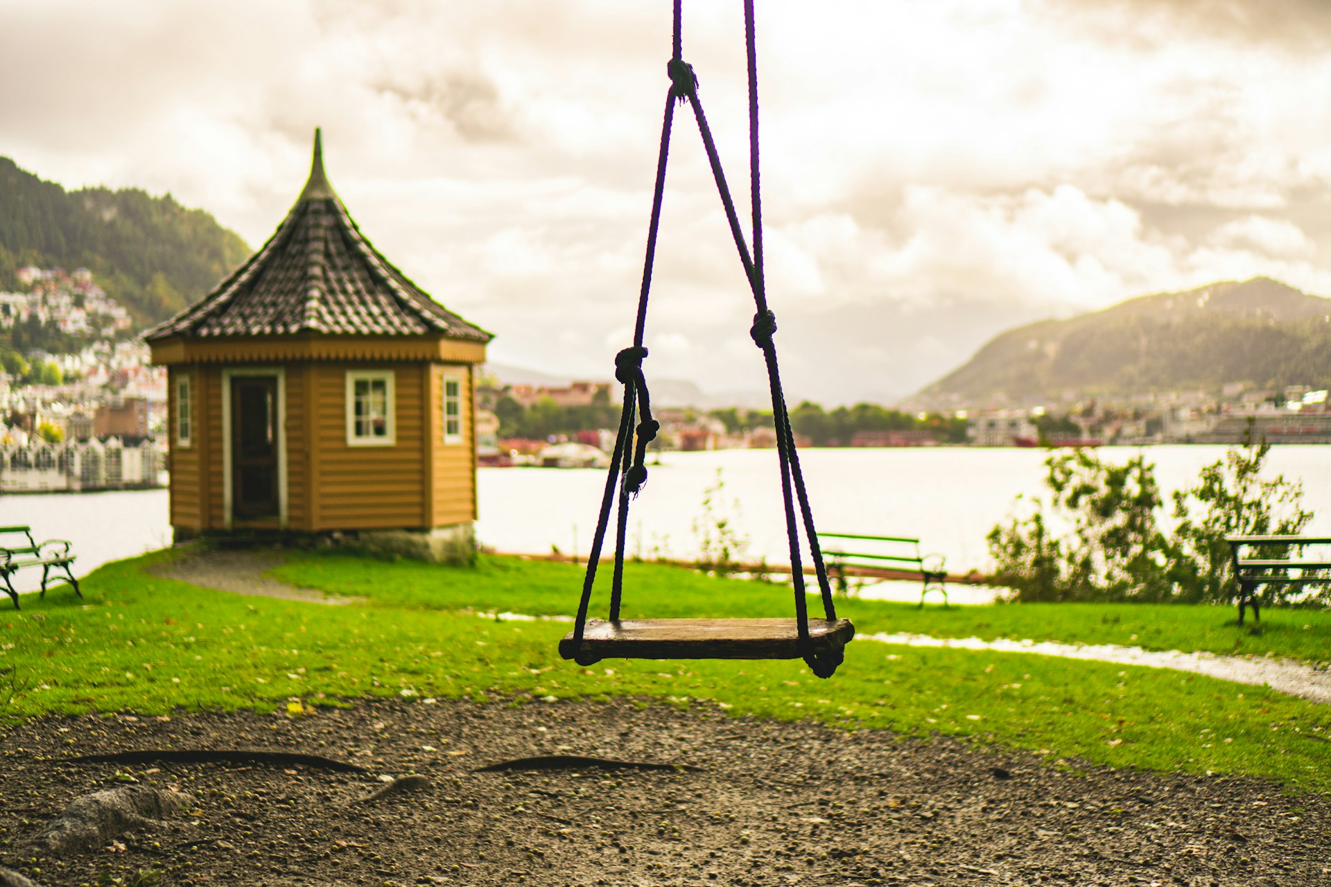 A summer swing in a Bergen park overlooking the sea