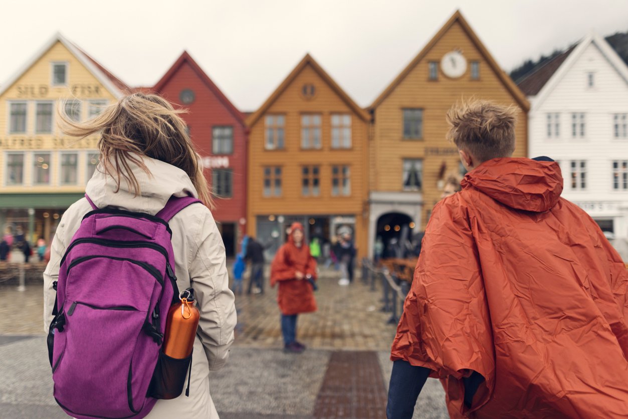 Two tourists on a rainy day in Bryggen area of Bergen