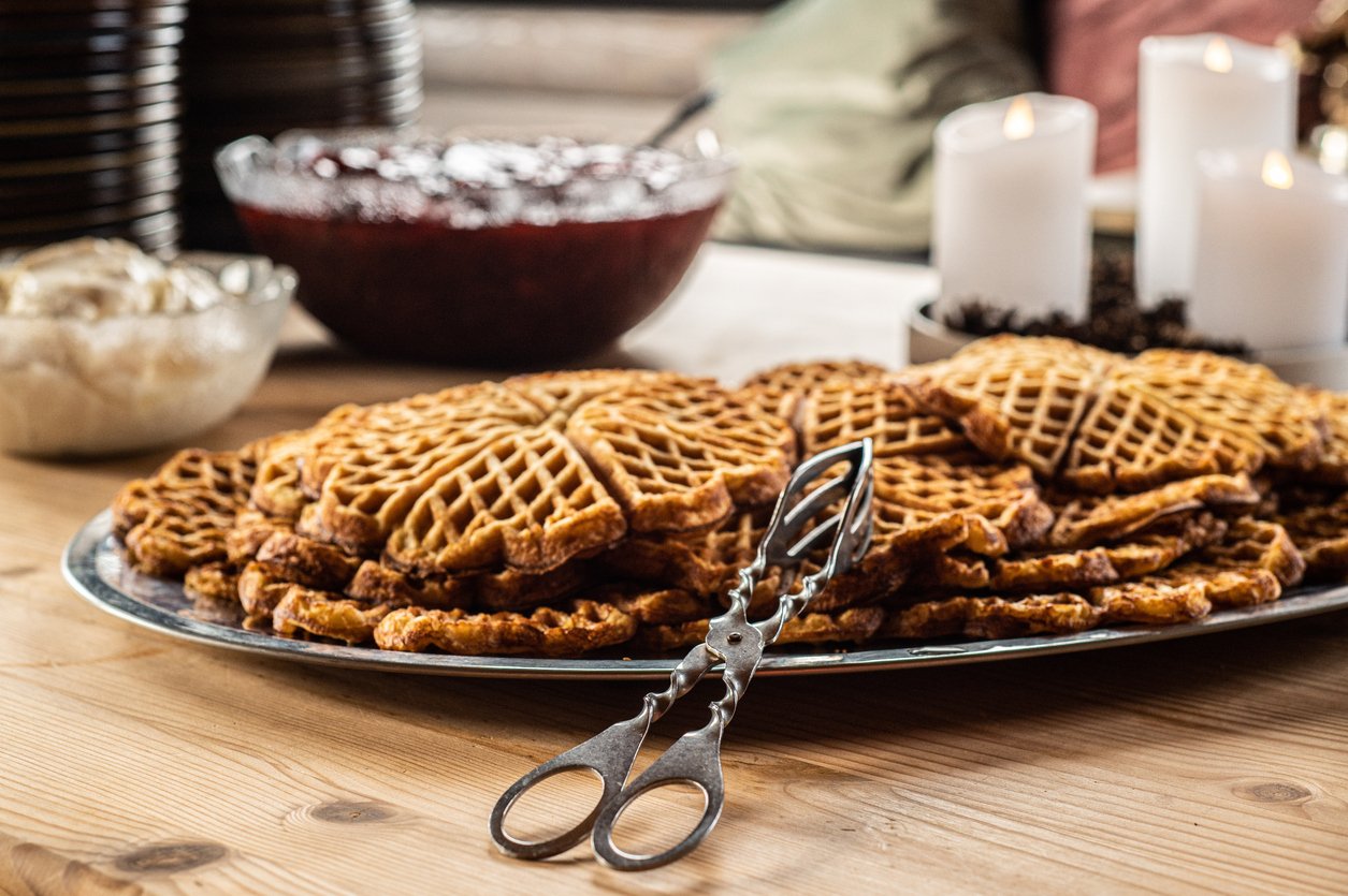 Traditional thin Nordic waffles that Norway is known for, presented with jam