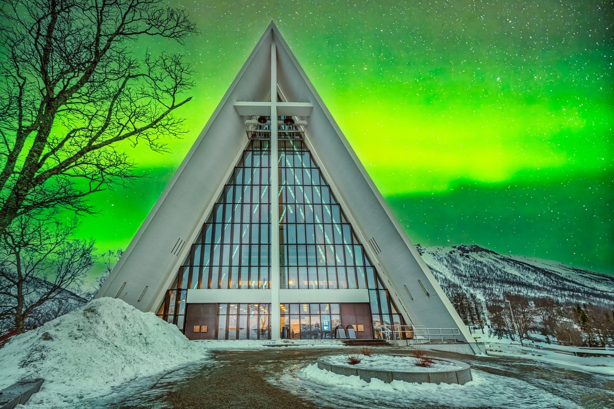 Northern Lights above an Arctic cathedral in Tromsø