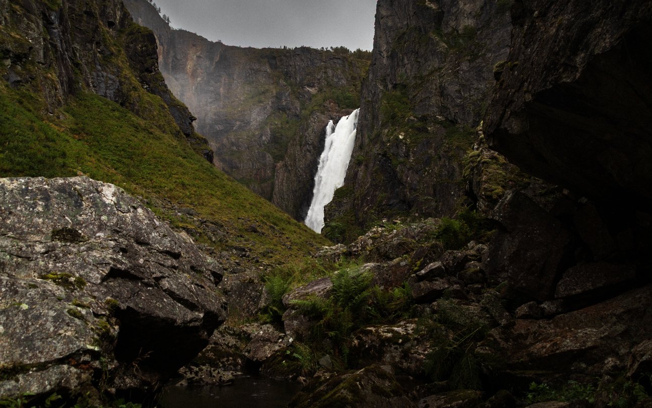 A vista of Voringsfossen waterfall in Hardanger, Norway