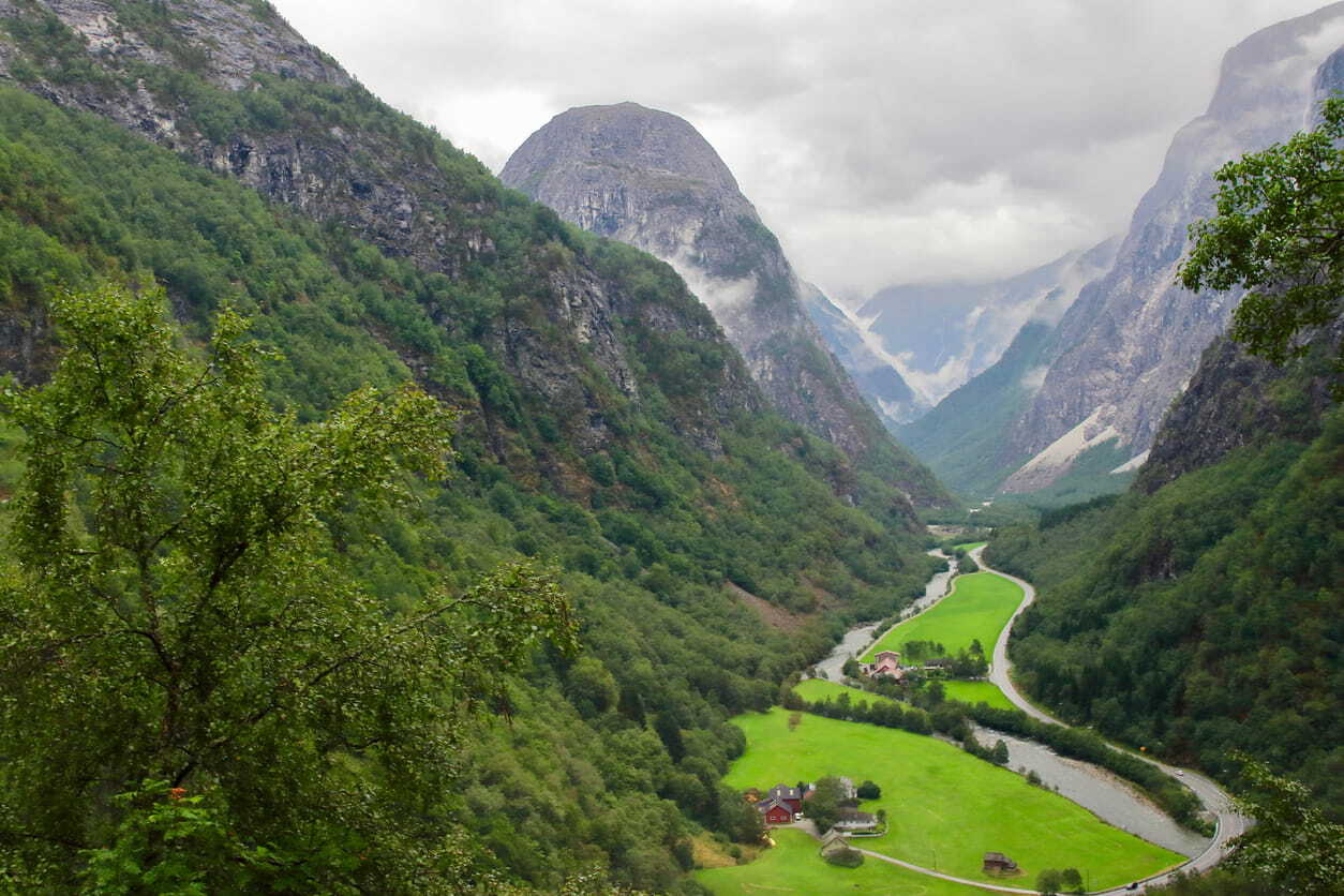 A view of Voss, Norway from above on a cloudy day